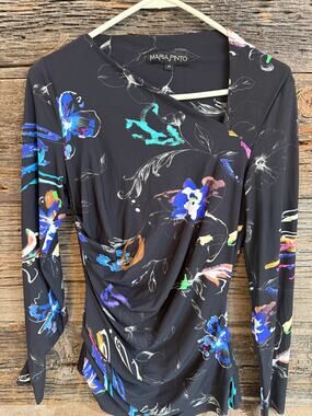 Maria Pinto Top Black Multi colored Floral Draped Ruched Asymmetrical M